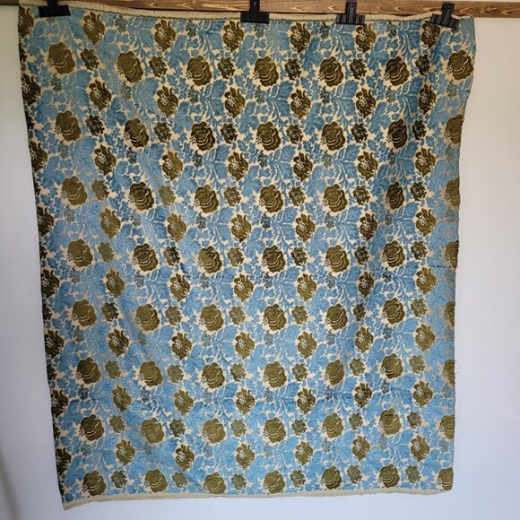 Gorgeous Vtg Rose Blue And Gold Floral Brocade Fabric 2 Pieces 48x55” & 50x54" - Picture 1 of 9